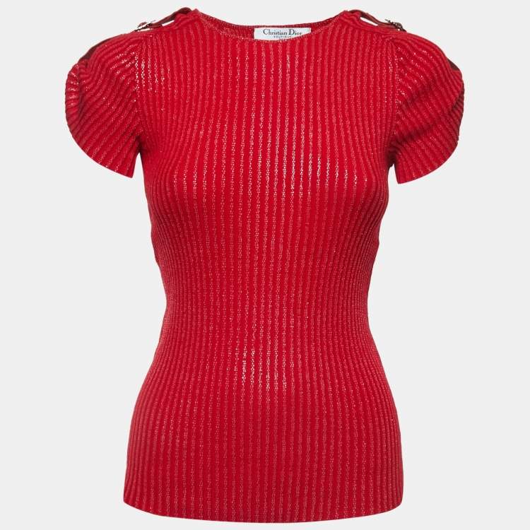Pre Owned Christian Dior Boutique Red Ribbed Knit Belt Detail Top S