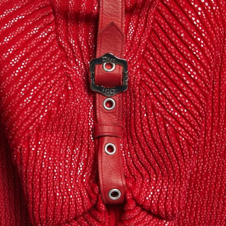 Pre Owned Christian Dior Boutique Red Ribbed Knit Belt Detail Top S