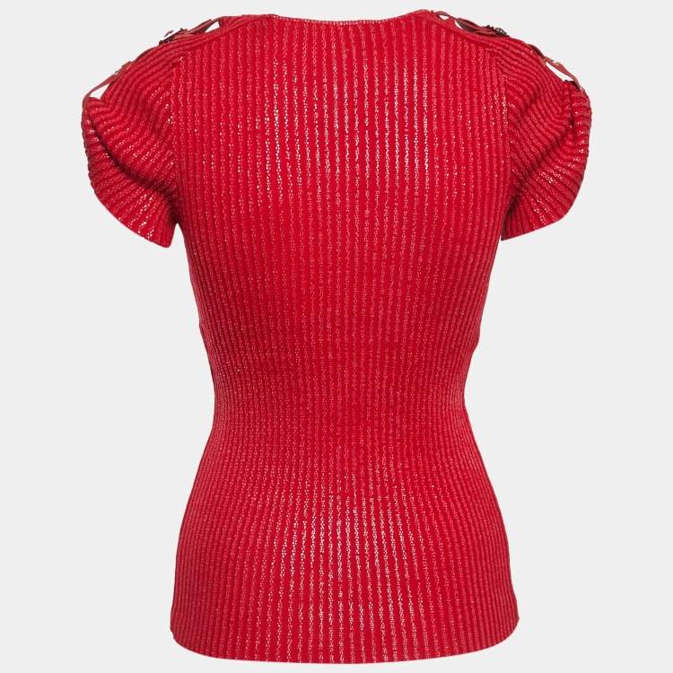 Pre Owned Christian Dior Boutique Red Ribbed Knit Belt Detail Top S