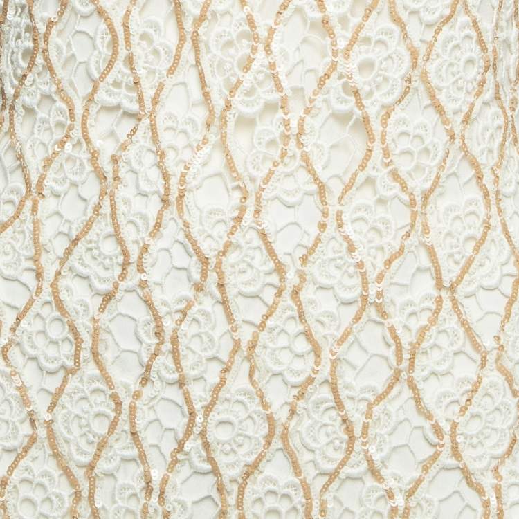 Pre Owned Christian Dior Off-White Sequined Lace Sleeveless Short Dress M