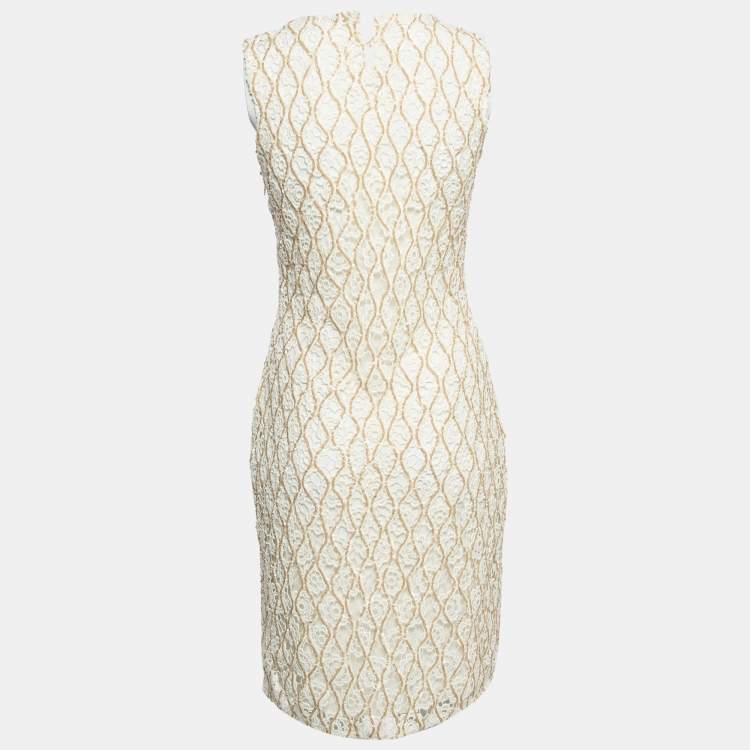 Pre Owned Christian Dior Off-White Sequined Lace Sleeveless Short Dress M
