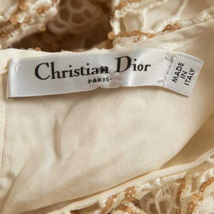 Pre Owned Christian Dior Off-White Sequined Lace Sleeveless Short Dress M