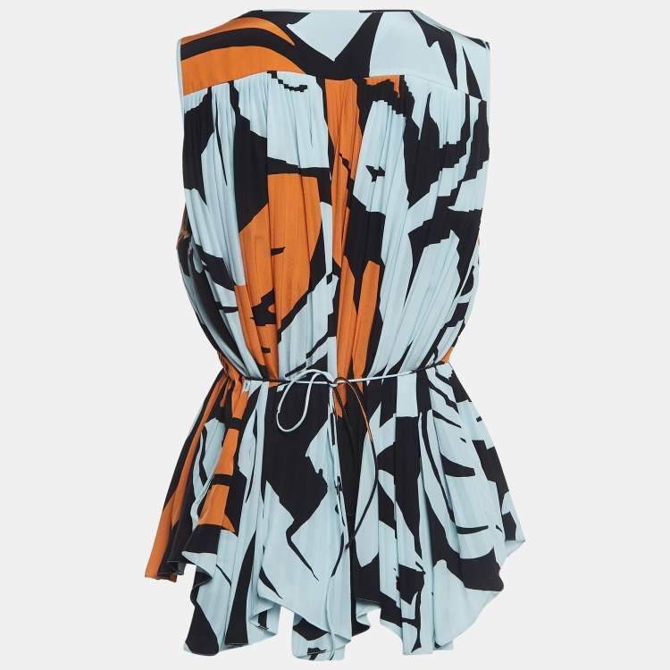 Pre Owned Christian Dior Blue Printed Pleated Silk Top L