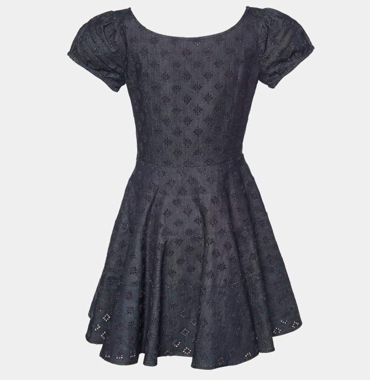 Pre Owned Dior Dark Blue Embroidered Denim Flared Dress L