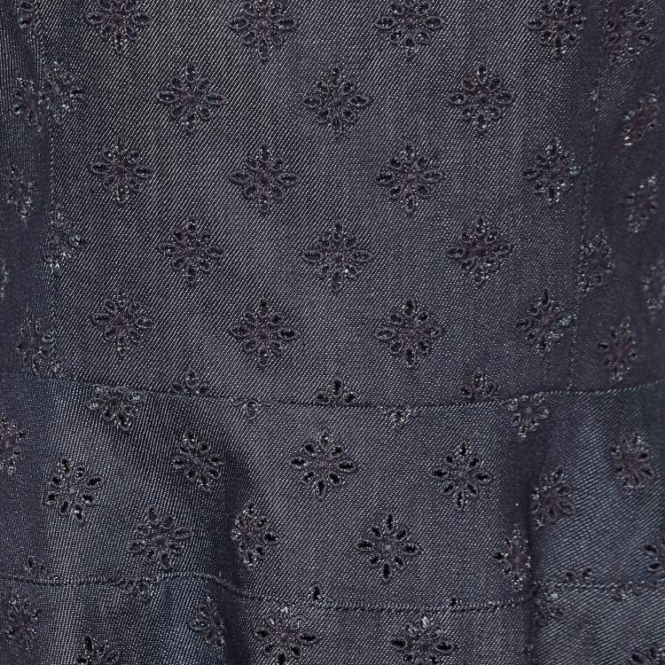 Pre Owned Dior Dark Blue Embroidered Denim Flared Dress L