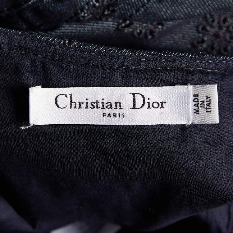 Pre Owned Dior Dark Blue Embroidered Denim Flared Dress L