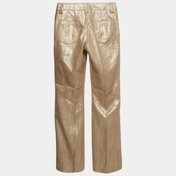 Pre Owned Christian Dior Boutique Gold Printed Leather Straight Pants M 