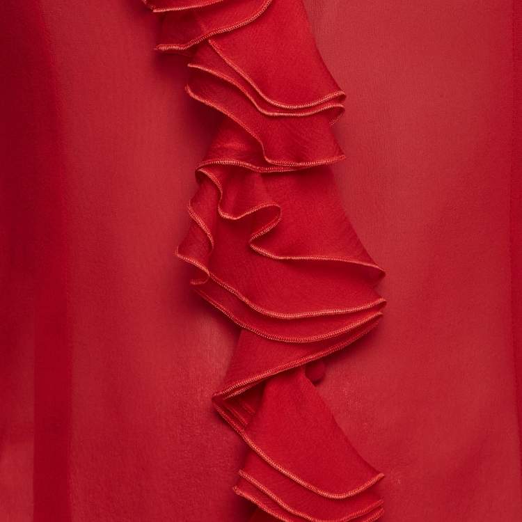 Pre Owned Dior Red Silk Ruffled Semi Sheer Shirt S