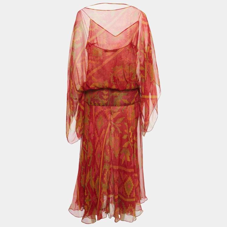 Pre Owned Christian Dior Boutique Red Printed Silk Kimono Sleeve Maxi Dress M
