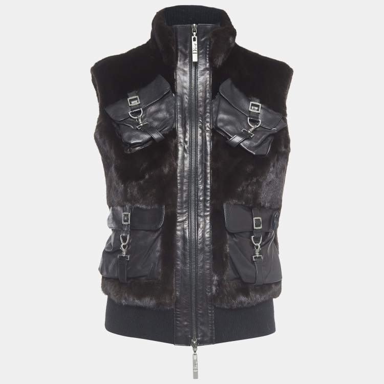 Pre Owned Christian Dior Boutique Black Fur and Leather Sleeveless Zipper Jacket M