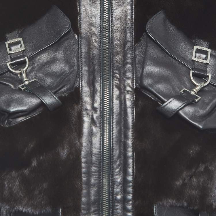 Pre Owned Christian Dior Boutique Black Fur and Leather Sleeveless Zipper Jacket M