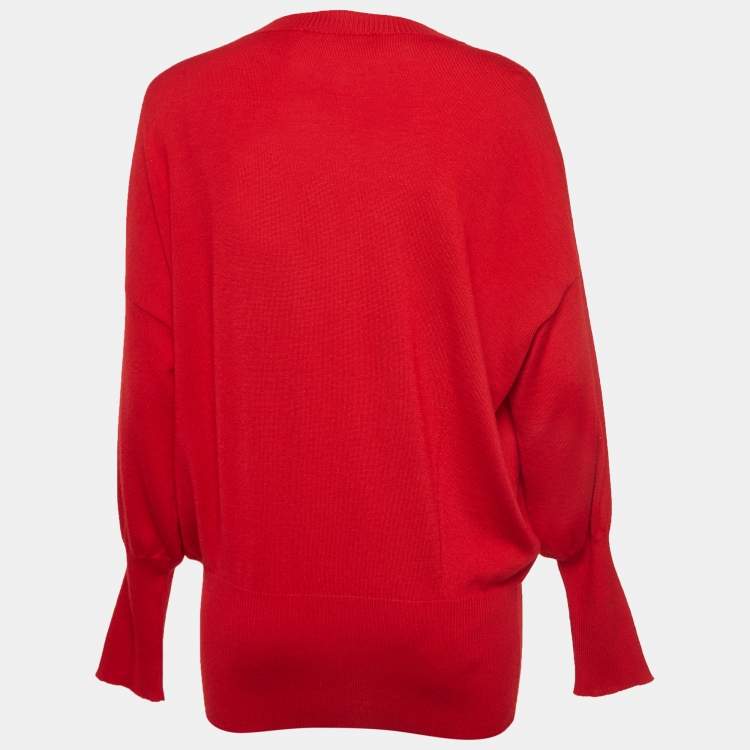 Pre Owned Dior Red Wool and Cashmere Crystal Applique Knit Crew Neck Jumper M