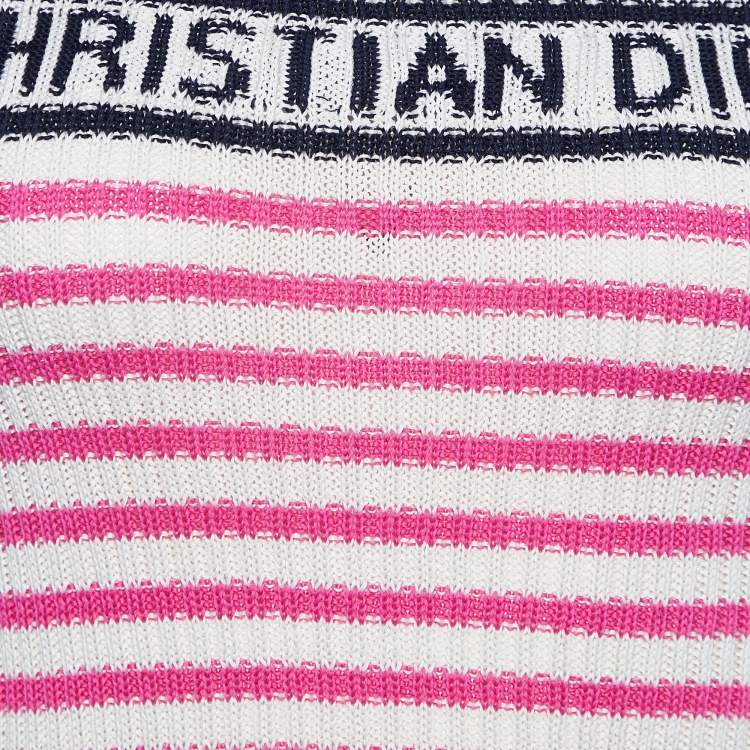 Pre Owned Dior Ivory Logo Striped Cotton Knit Crew Neck Jumper S