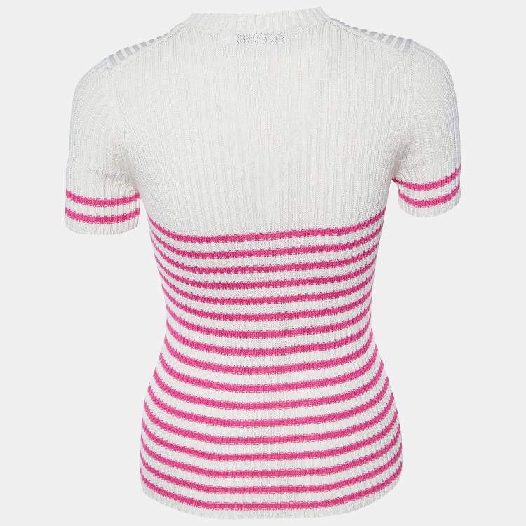 Pre Owned Dior Ivory Logo Striped Cotton Knit Crew Neck Jumper S