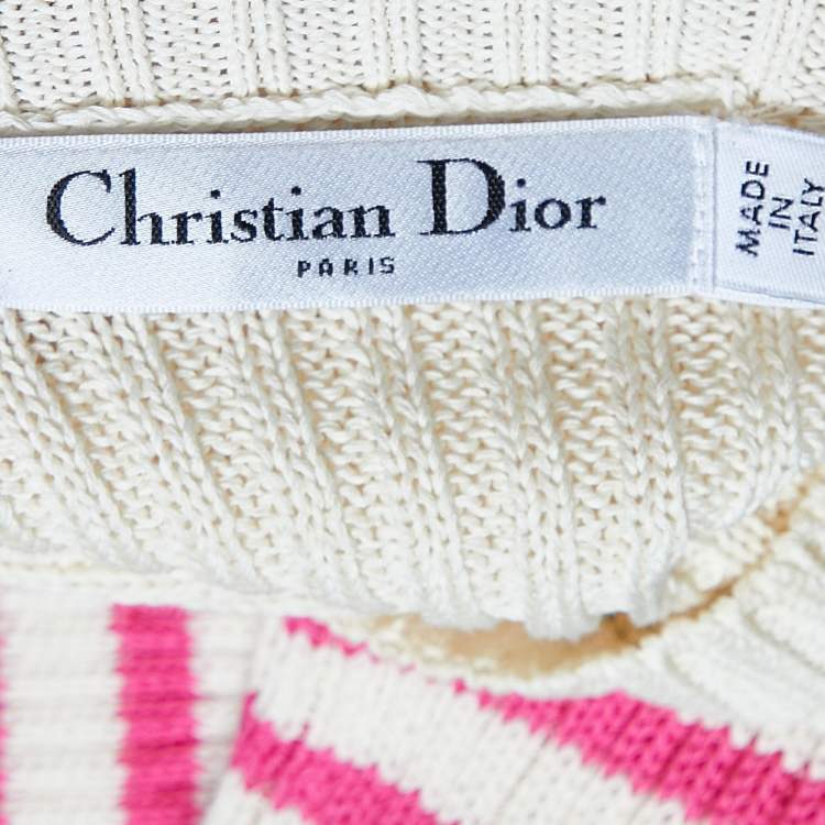 Pre Owned Dior Ivory Logo Striped Cotton Knit Crew Neck Jumper S