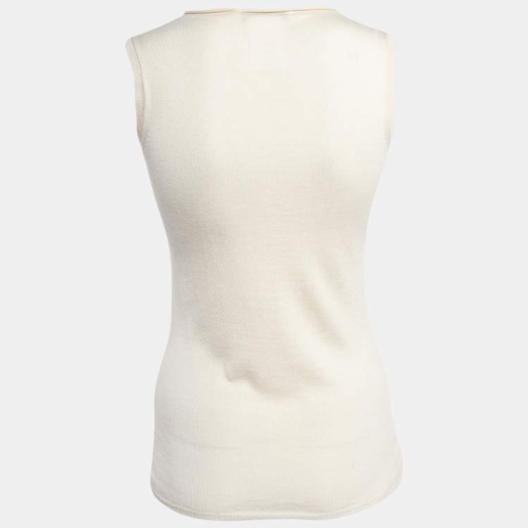 Pre Owned Christian Dior Cream Cashmere Rib Knit Raw Edge Neck Tank Top M