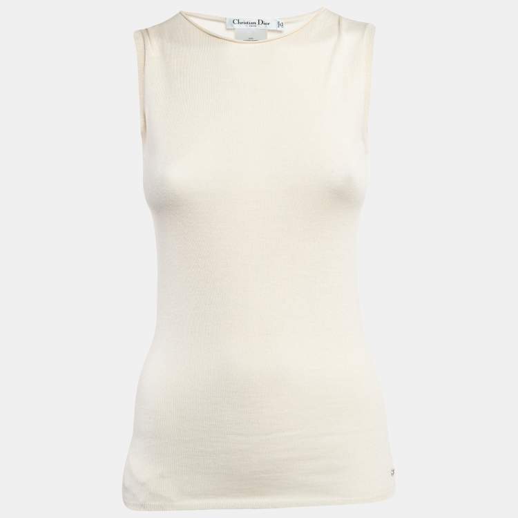 Pre Owned Christian Dior Cream Cashmere Rib Knit Raw Edge Neck Tank Top M