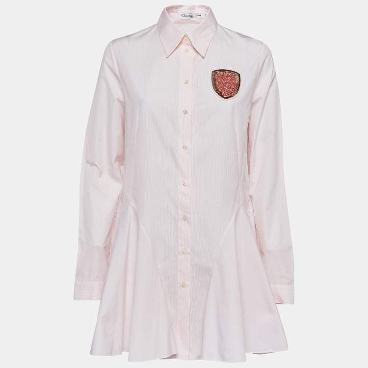Pre Owned Christian Dior Pinstripe Cotton Beads Applique Flared Mini Shirt Dress L