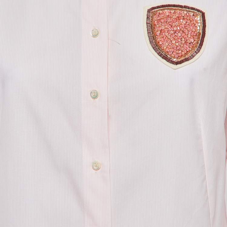 Pre Owned Christian Dior Pinstripe Cotton Beads Applique Flared Mini Shirt Dress L