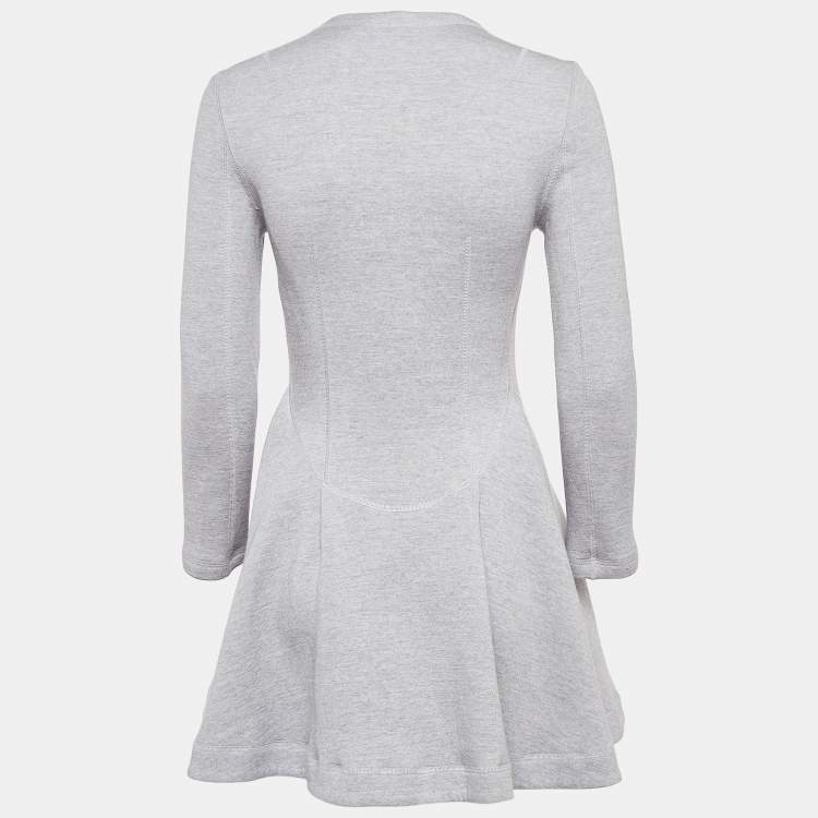 Pre Owned Christian Dior Grey Wool Crest Embellished Zip Front Flared Dress M