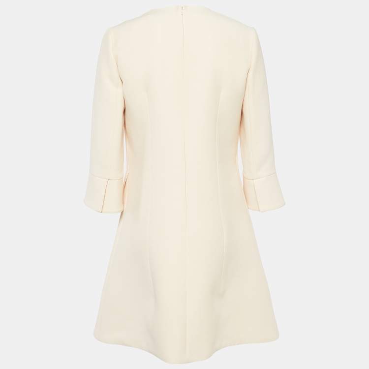 Pre Owned Christian Dior Cream Wool Blend Tie-Up Detail Flared Sleeve Mini Dress M
