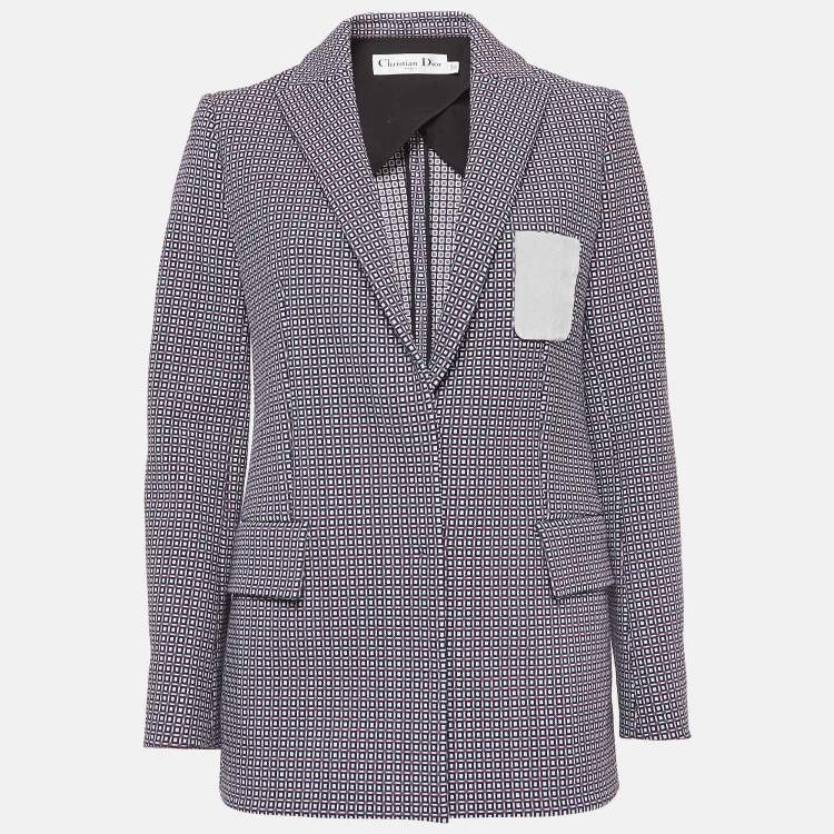 Pre Owned Christian Dior Blue Geometric Pattern Cotton Single Breasted Blazer M