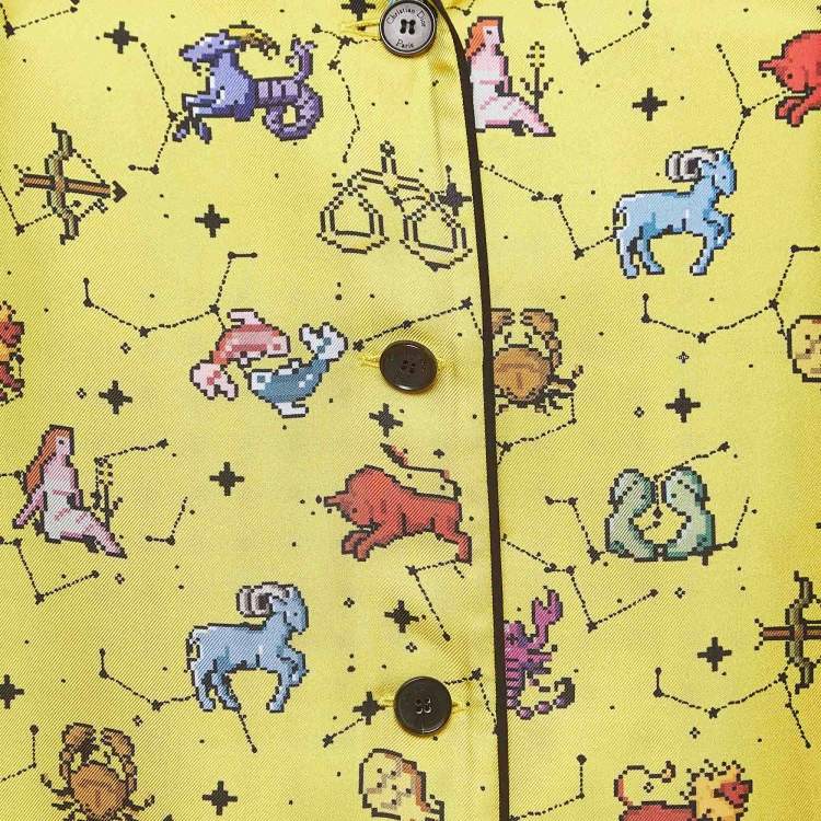 Pre Owned Dior Yellow Zodiac Print Silk Shirt and Shorts Set M/L 