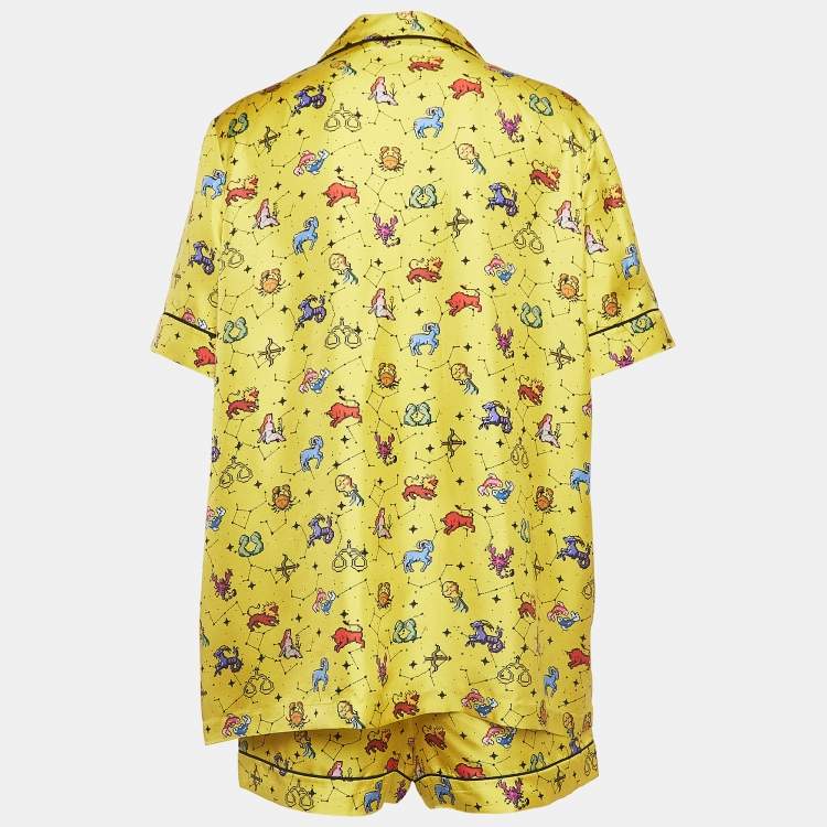Pre Owned Dior Yellow Zodiac Print Silk Shirt and Shorts Set M/L 
