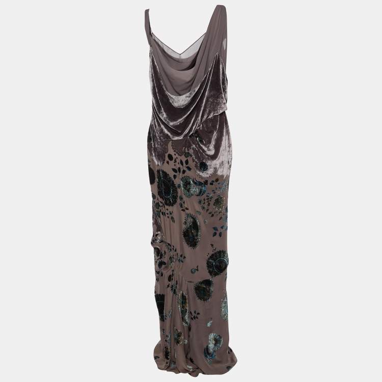 Pre Owned Dior Boutique Vintage Taupe Floral Devore Velvet Draped Dress L