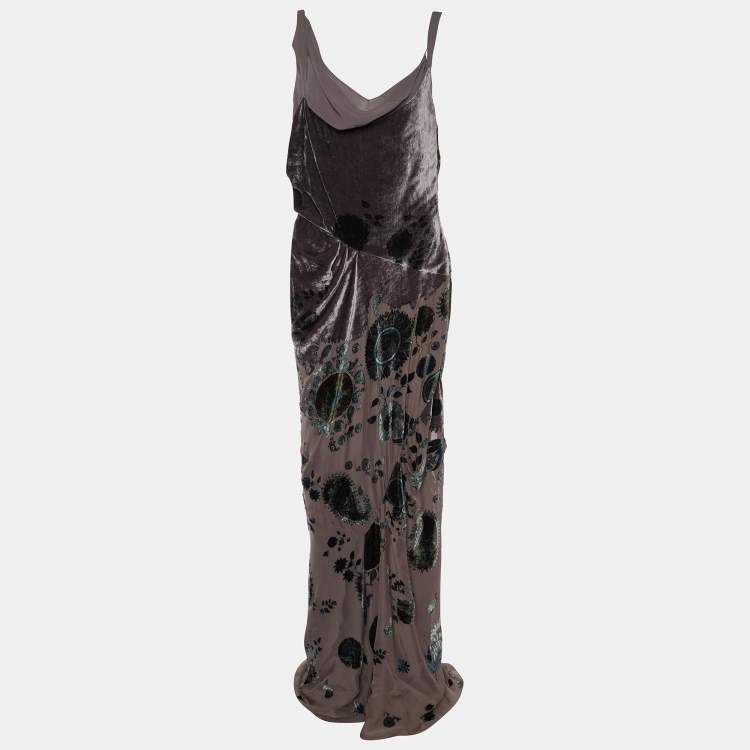 Pre Owned Dior Boutique Vintage Taupe Floral Devore Velvet Draped Dress L
