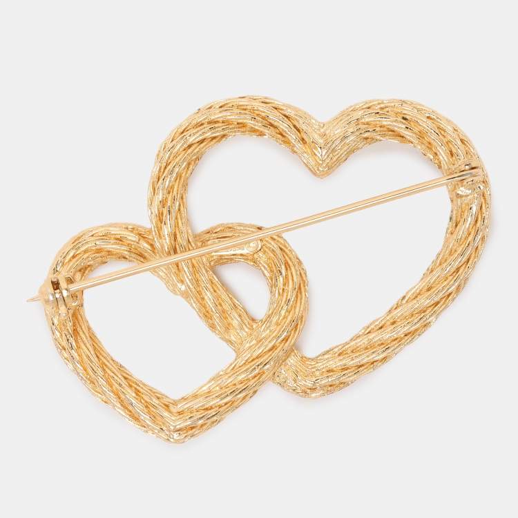 Pre Owned Dior Gold Tone Metal Double Heart Brooch