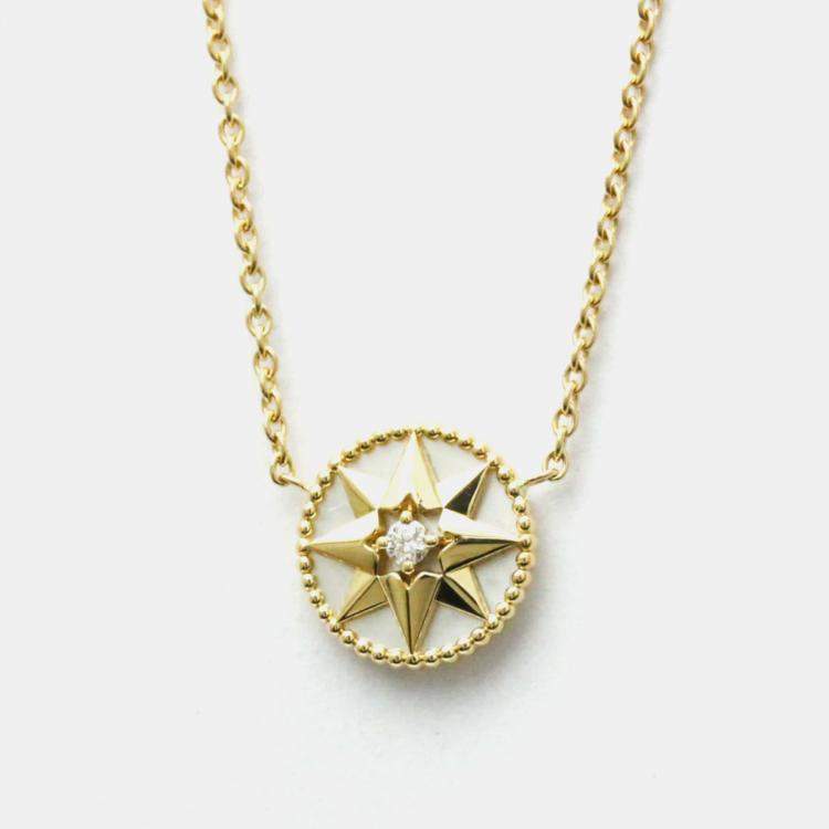 Pre Owned Christian Dior Rose Des Vents Yellow Gold 18K Diamond Mother Of Pearl Pendant Necklace 