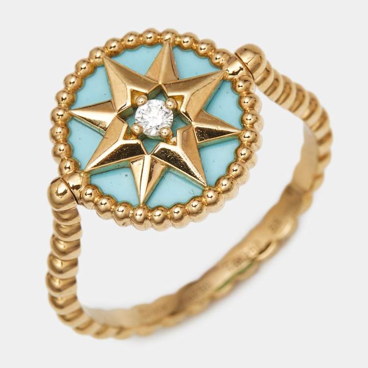 Pre Owned Dior XS Rose Des Vents Diamond Turquoise 18K Yellow Gold Ring Size 55