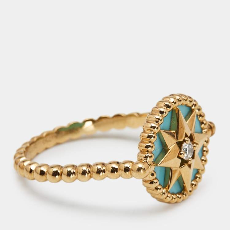 Pre Owned Dior XS Rose Des Vents Diamond Turquoise 18K Yellow Gold Ring Size 55