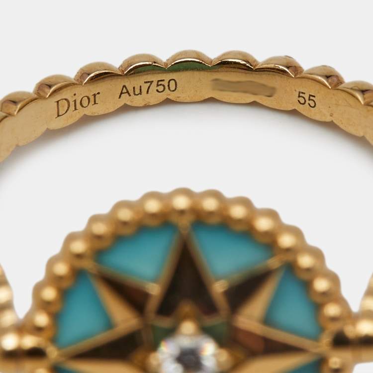 Pre Owned Dior XS Rose Des Vents Diamond Turquoise 18K Yellow Gold Ring Size 55