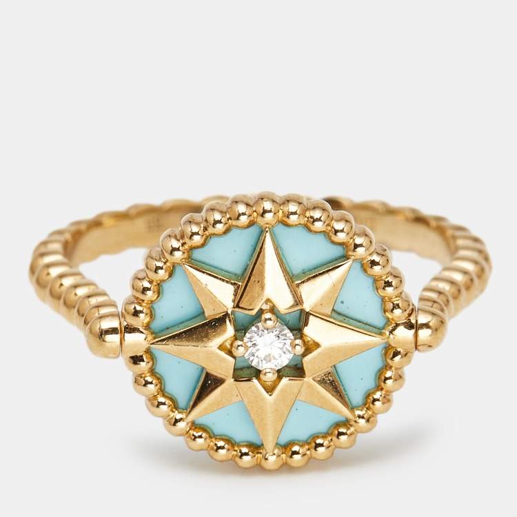 Pre Owned Dior XS Rose Des Vents Diamond Turquoise 18K Yellow Gold Ring Size 55