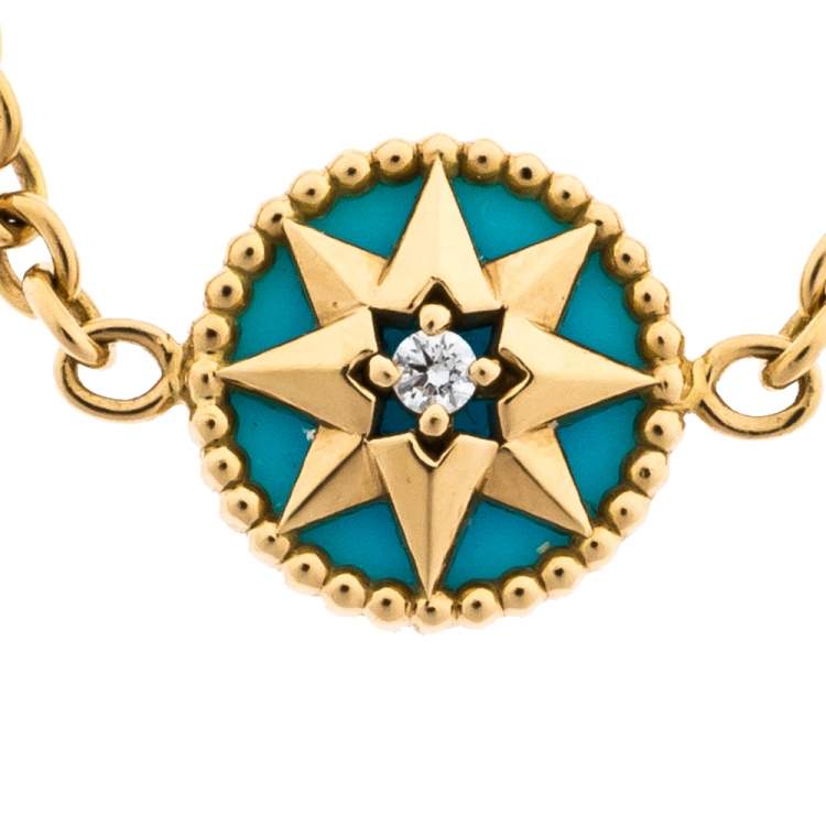 Pre Owned Dior XS Rose Des Vents Diamond Turquoise 18K Yellow Gold Chain Ring 48