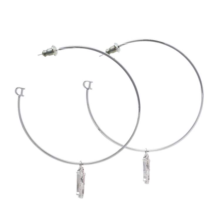 Pre Owned Dior Pink Crystal Logo Silver Tone Hoop Earrings