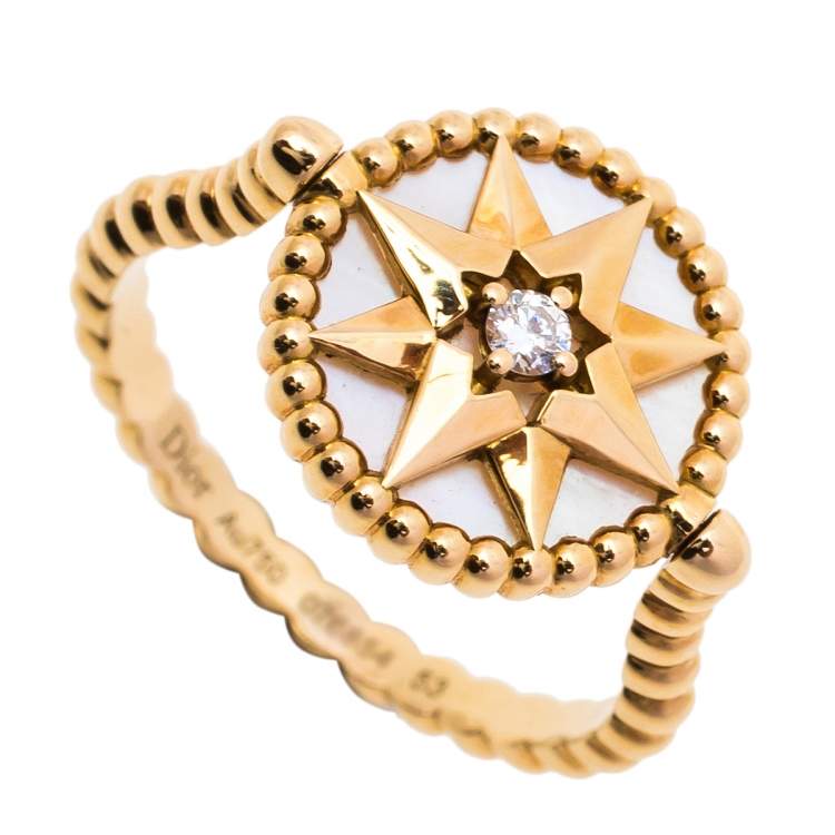 Pre Owned Dior Rose Des Vents 18K Yellow Gold Diamond & Mother of Pearl Ring Size 53