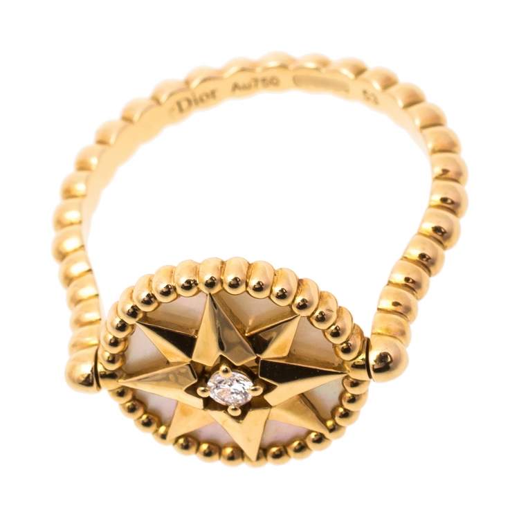 Pre Owned Dior Rose Des Vents 18K Yellow Gold Diamond & Mother of Pearl Ring Size 53
