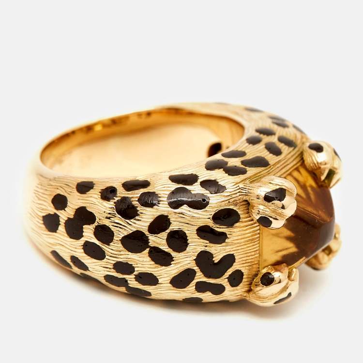 Pre Owned Dior Leopard Citrine Lacquer 18k Yellow Gold Ring Size 52