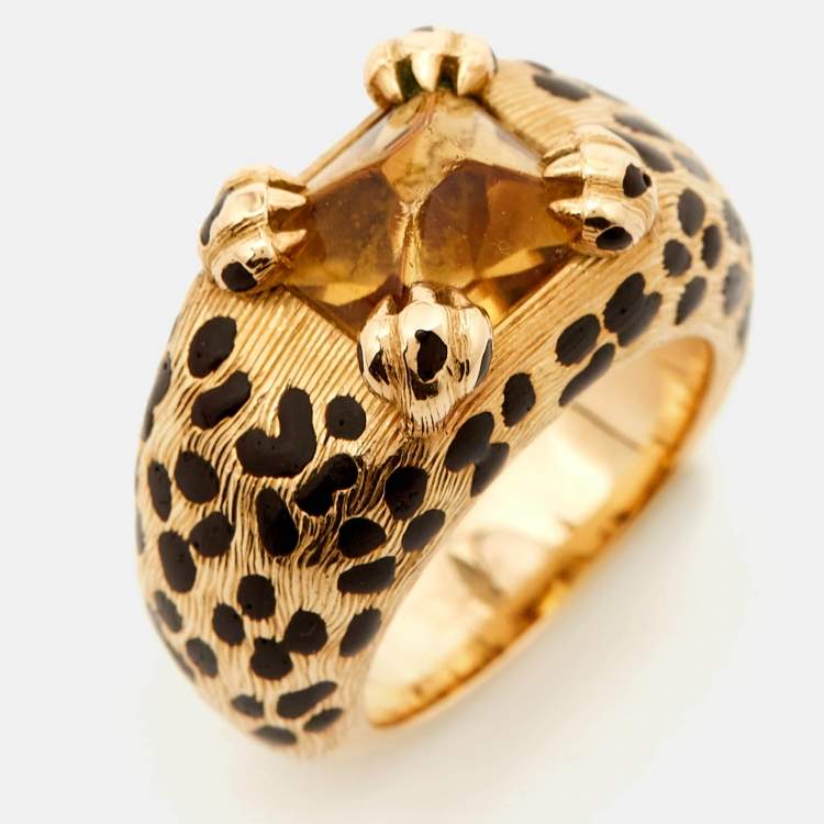 Pre Owned Dior Leopard Citrine Lacquer 18k Yellow Gold Ring Size 52