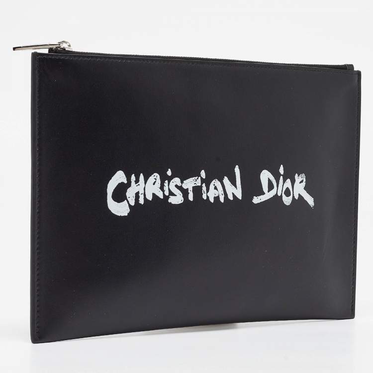 Pre Owned Dior Black Leather Logo Slim Pouch 