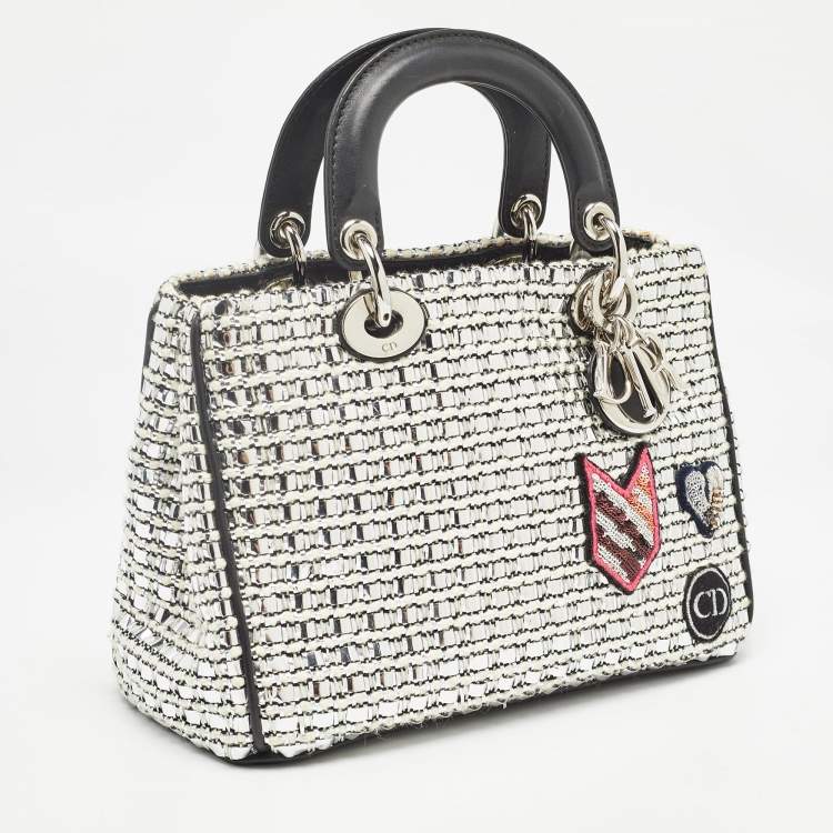 Pre Owned Dior Black/Silver Tweed and Leather Small Diorissimo Patch Tote