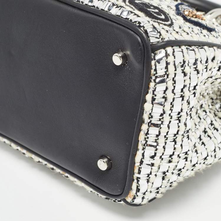 Pre Owned Dior Black/Silver Tweed and Leather Small Diorissimo Patch Tote