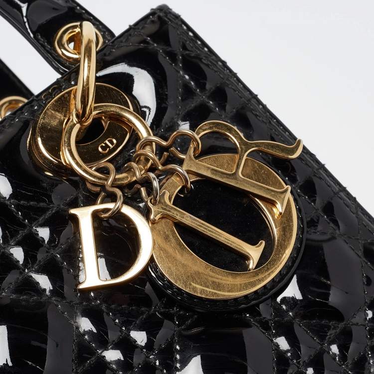 Pre Owned Dior Black Cannage Patent Leather Medium Lady Dior Tote