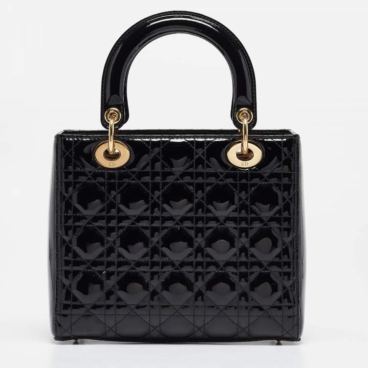 Pre Owned Dior Black Cannage Patent Leather Medium Lady Dior Tote