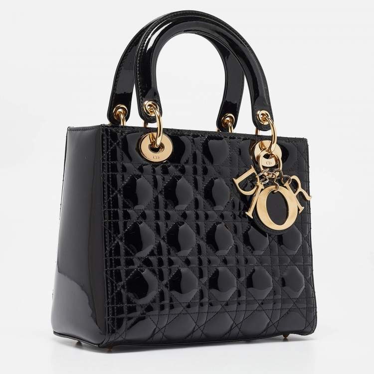 Pre Owned Dior Black Cannage Patent Leather Medium Lady Dior Tote