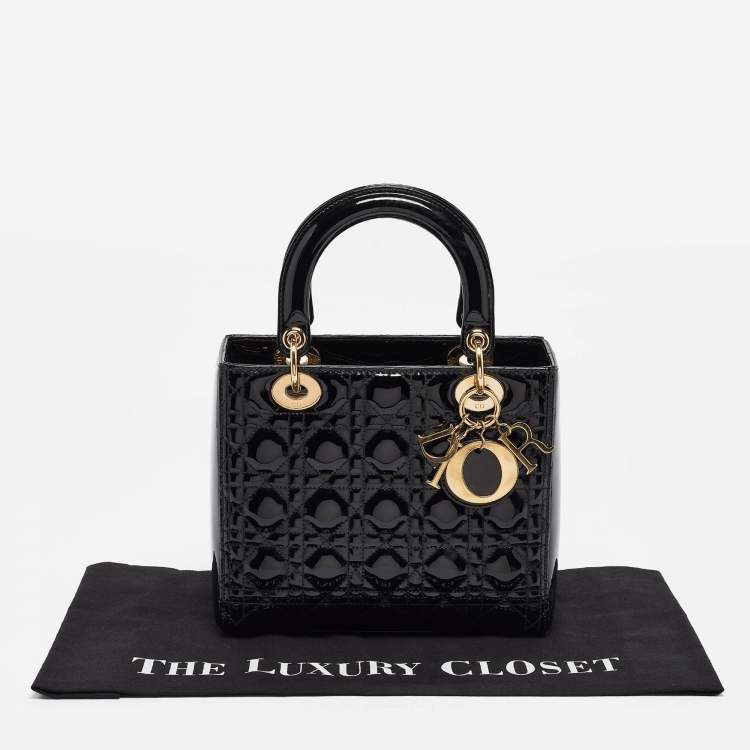 Pre Owned Dior Black Cannage Patent Leather Medium Lady Dior Tote