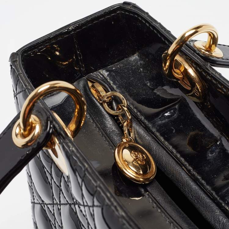 Pre Owned Dior Black Cannage Patent Leather Medium Lady Dior Tote